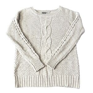 Ecote Cable Knit Sweater Womens L Cozy Wheat White Wool Alpaca Blend Long Sleeve